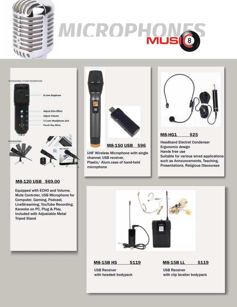Music8 M8-150 USB Professional Wireless System w/ USB Receiver and Handheld Transmitter Microphone